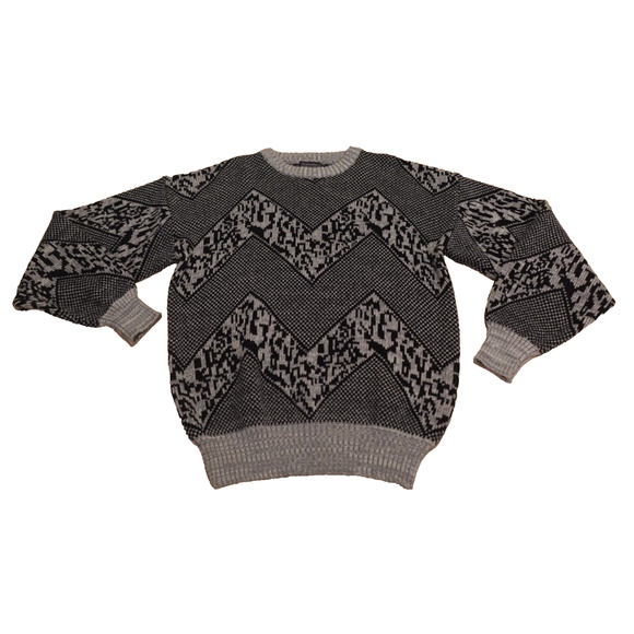 Barnaby Men Large Sweater Knit Crewneck Pullover Gray Chevron VTG Grandpa 80s - Picture 1 of 5